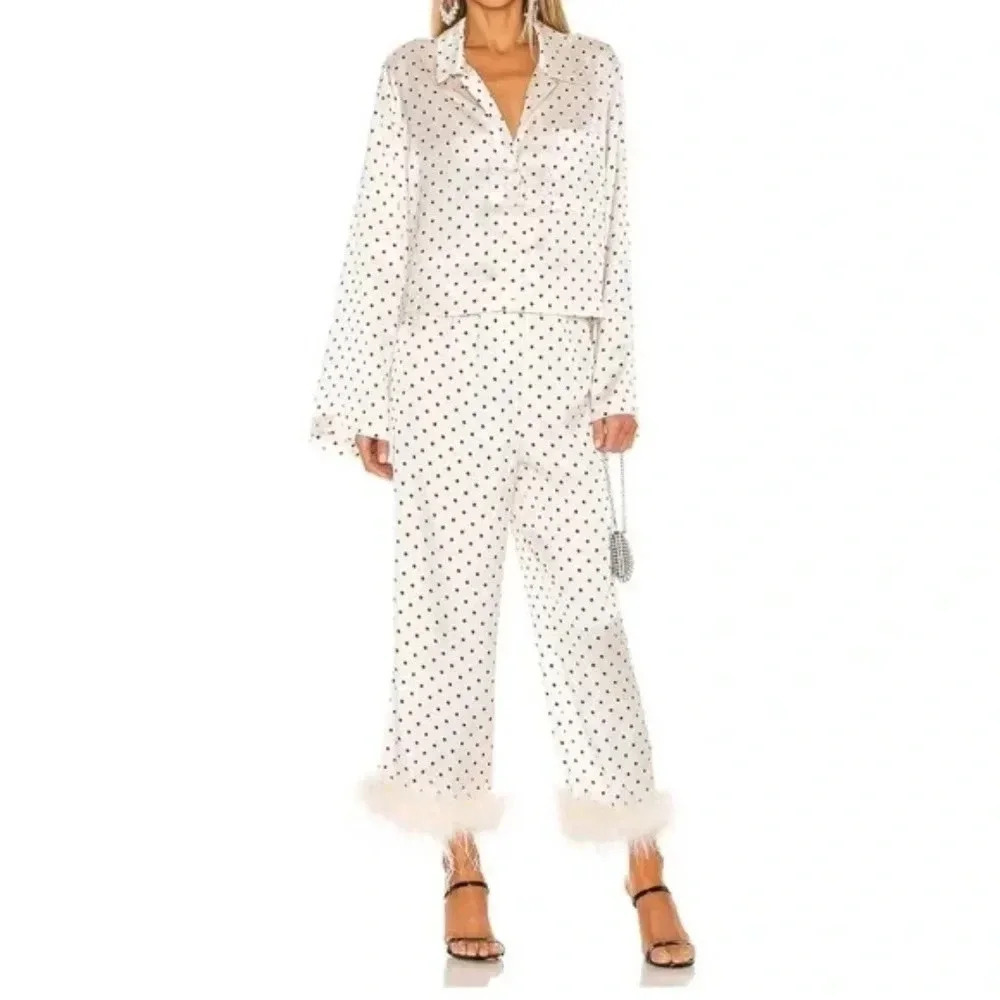 L’Academie The Chantal Pant & Shirt Blouse Set S Silky Satin Polka Dot